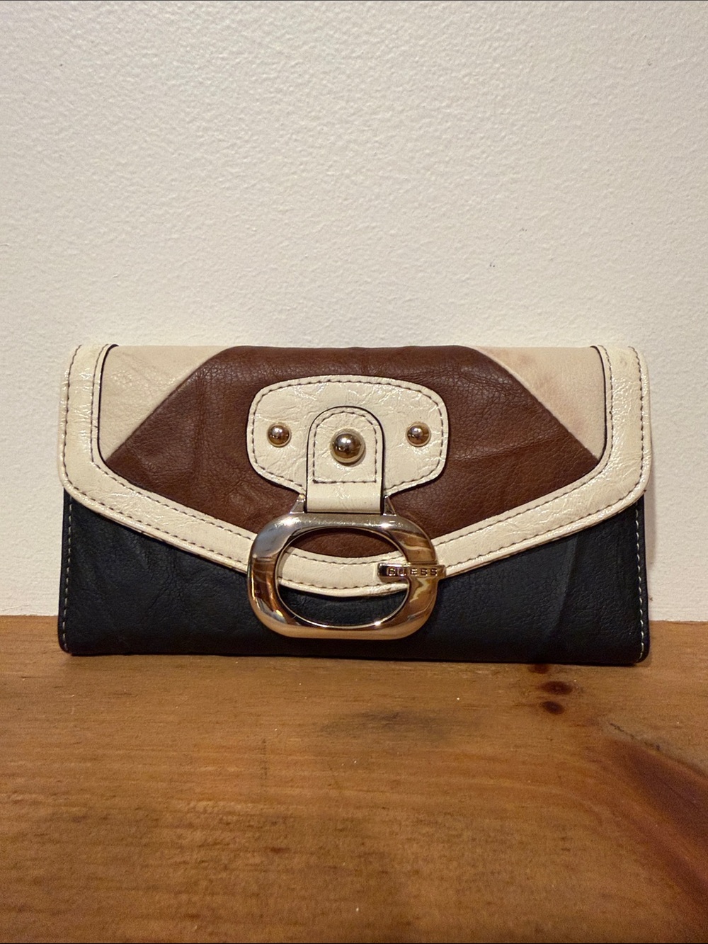 Vintage Guess Leather Tricolor Clutch Wallet in Brown, Cream, Black